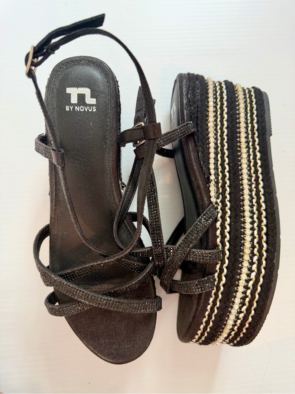 Black Strappy Platform Sandals with Metallic Trim